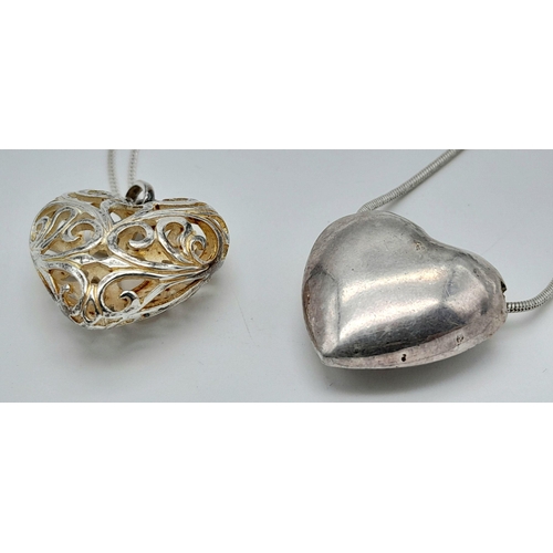 1152 - Two 925 Silver Necklaces with White Metal Heart Pendants. 2.1cm and 2.9cm pendants, 43cm and 46cm ch... 