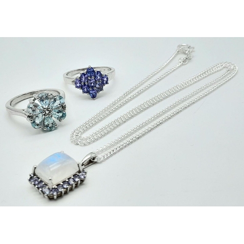 1243 - A Trio of 925 Silver Jewellery. Moonstone and lilac stones surround silver pendant on chain - 2.2cm ... 