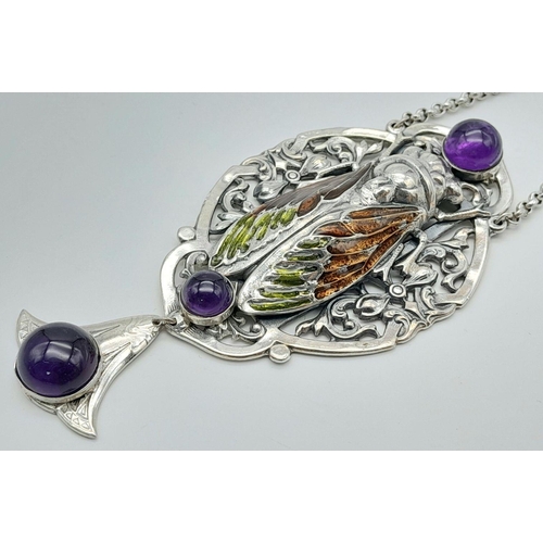 737 - A Large Silver Scarab Beatle with Amethyst and Enamel on a Silver Belcher Chain. 9.7cm drop. 48.20g ... 