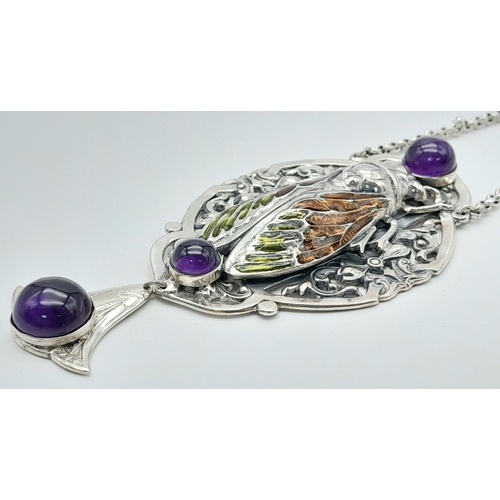 737 - A Large Silver Scarab Beatle with Amethyst and Enamel on a Silver Belcher Chain. 9.7cm drop. 48.20g ... 