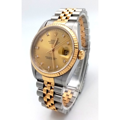 52 - A Classic Rolex Bi-Metal DateJust Diamond Gents Watch. Gold bracelet and case - 36mm. Model No: 1623... 