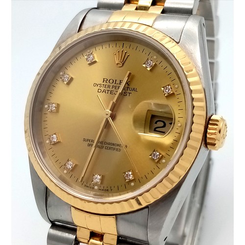 52 - A Classic Rolex Bi-Metal DateJust Diamond Gents Watch. Gold bracelet and case - 36mm. Model No: 1623... 