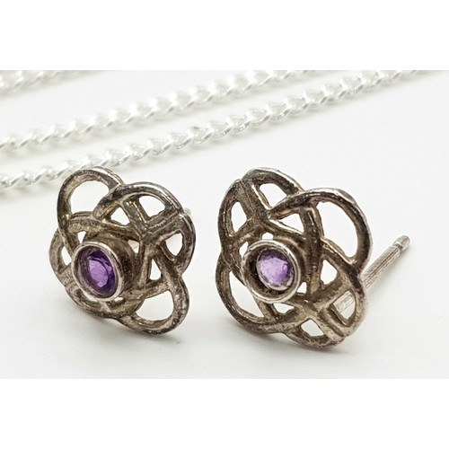 1467 - A 925 sterling silver necklace with an amethyst drop pendant, accompanied by matching amethyst earri... 