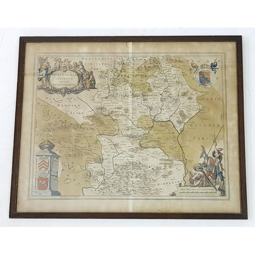 1361 - A Mid 17th Century Hand-Coloured Map of Hertfordshire - Joan Blaeu. Gilded accents. In frame - 58cm ... 