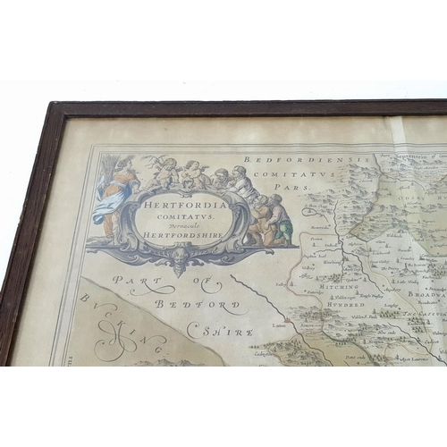 1361 - A Mid 17th Century Hand-Coloured Map of Hertfordshire - Joan Blaeu. Gilded accents. In frame - 58cm ... 