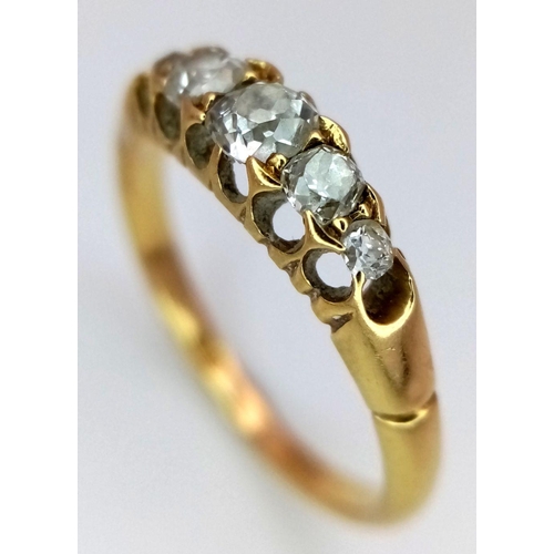 108 - An Antique 18K Yellow Gold Five Stone Diamond Ring. 0.5ctw of old cut European diamonds in a claw se... 