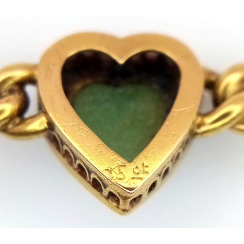 129 - An Antique 15K Yellow Gold Jade and Seed Pearl Bar Brooch. Heart design with scrolling links. 4cm. 3... 