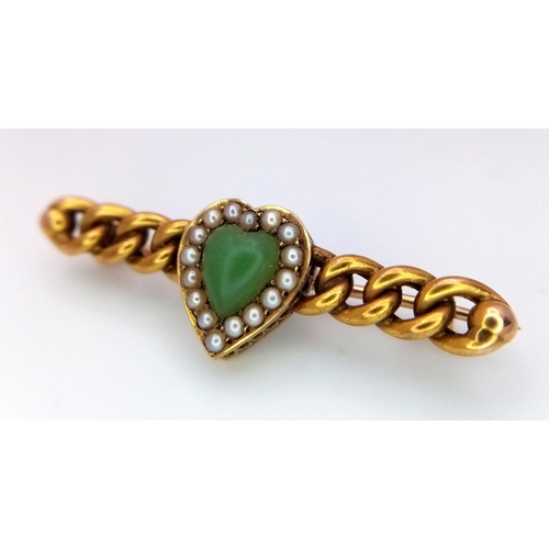 129 - An Antique 15K Yellow Gold Jade and Seed Pearl Bar Brooch. Heart design with scrolling links. 4cm. 3... 