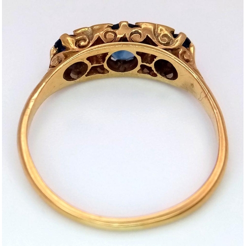 17 - A Glorious Vintage 18K Yellow Gold Sapphire and Diamond Ring. Three beautiful oval cut sapphires wit... 