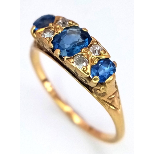 17 - A Glorious Vintage 18K Yellow Gold Sapphire and Diamond Ring. Three beautiful oval cut sapphires wit... 