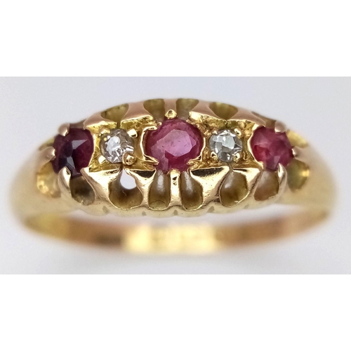 24 - A Gorgeous Antique 18K Yellow Gold Ruby and Diamond Ring. Size N 1/2. 2.55g total weight.