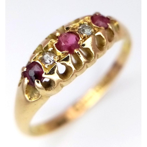 24 - A Gorgeous Antique 18K Yellow Gold Ruby and Diamond Ring. Size N 1/2. 2.55g total weight.