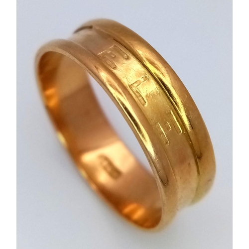 353 - An 18K Yellow Gold Band Ring. Size U. 6mm width. 4.25g weight.