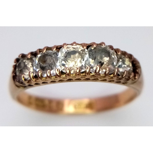 442 - An Antique 9k Yellow Gold Five Stone Diamond Ring. 0.75ctw of European old cut diamonds. Chester hal... 