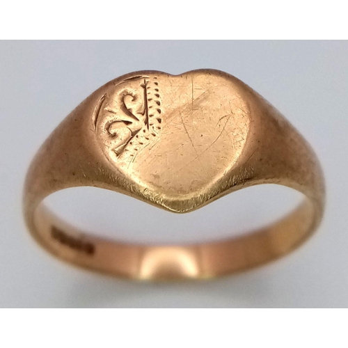 456 - A Vintage 9K Yellow Gold Heart Signet Ring. Size L. 1.7g weight.