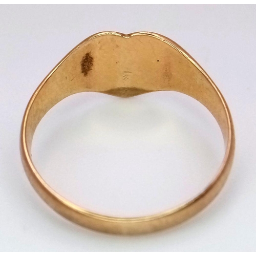 456 - A Vintage 9K Yellow Gold Heart Signet Ring. Size L. 1.7g weight.