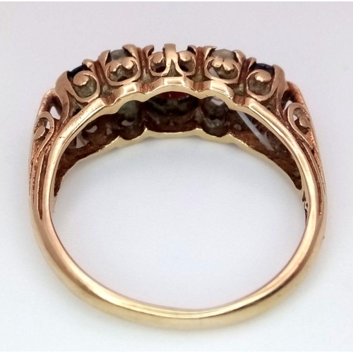 477 - An 18K Yellow Gold Two Row Diamond Ring. 19 round cut diamonds with diamond spacers. Note: There is ... 