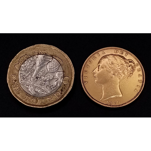 1 - An 1860 Queen Victoria 22K Gold Full Sovereign - Young Queen head with shield reverse.