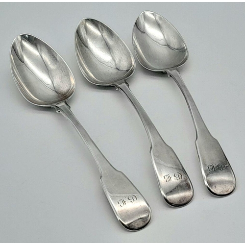 106 - Three Antique William IV Large Serving Spoons. Hallmarks for London 1830. 22cm. 200g total weight.