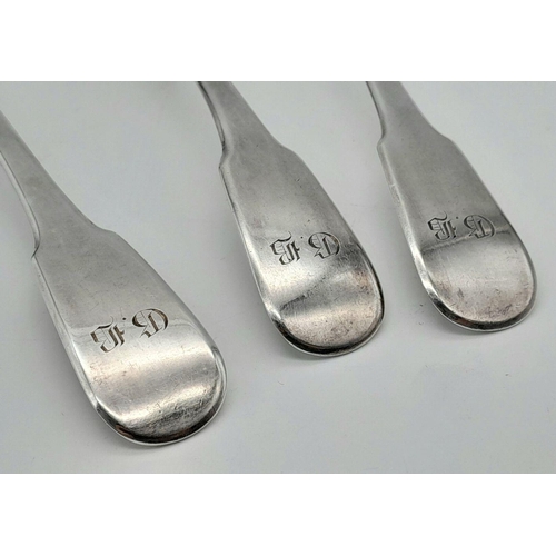 106 - Three Antique William IV Large Serving Spoons. Hallmarks for London 1830. 22cm. 200g total weight.