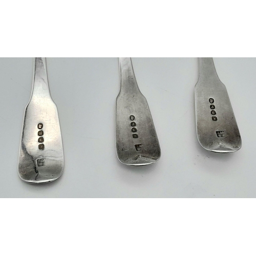 106 - Three Antique William IV Large Serving Spoons. Hallmarks for London 1830. 22cm. 200g total weight.