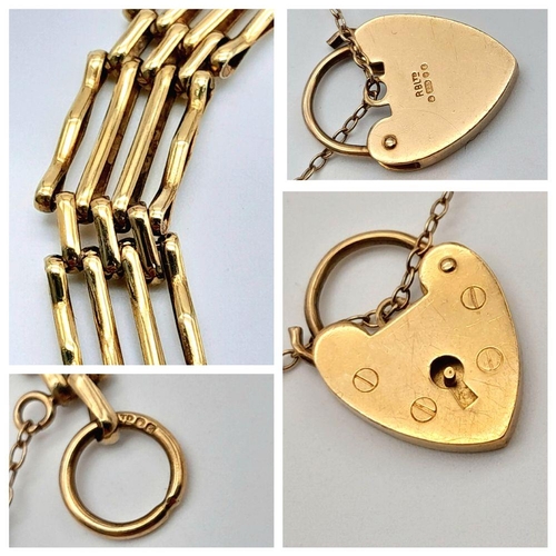 115 - A 9K Yellow Gold Gate Bracelet with Heart Clasp and Safety Chain. 16cm. 11.75g weight.