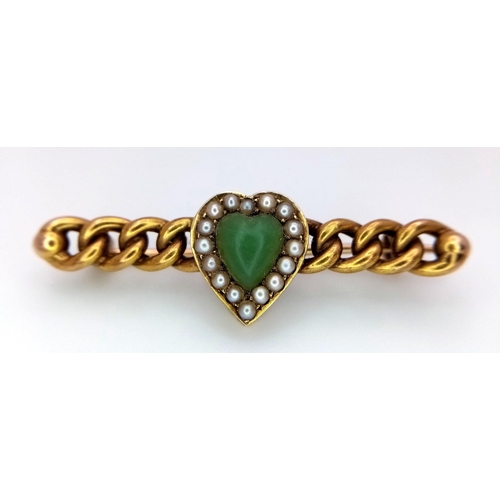 129 - An Antique 15K Yellow Gold Jade and Seed Pearl Bar Brooch. Heart design with scrolling links. 4cm. 3... 