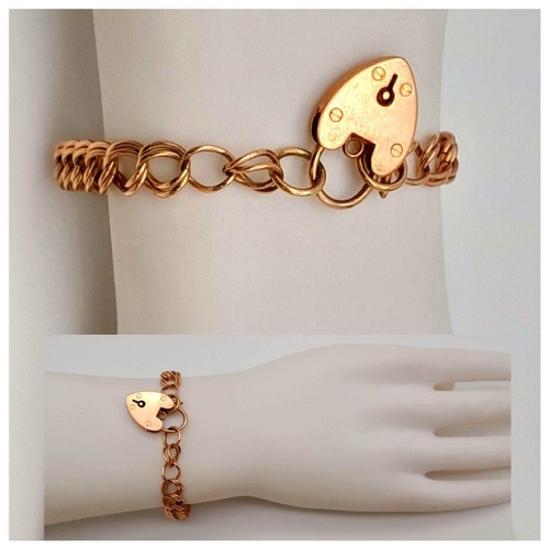 155 - A Vintage 9K Rose Gold Twin Link Curb Bracelet with a Heart Clasp. 16cm length. 10.3g weight.