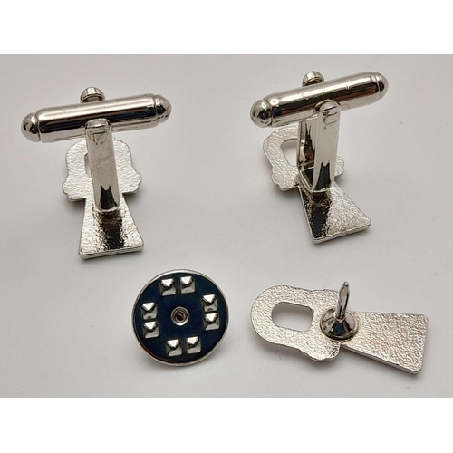 164 - Of Masonic interest: A rare pair of cufflinks and a lapel pin set for a LEWIS (son of Freemason) or ... 