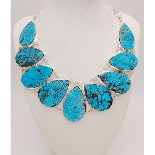 185 - A statement, sterling silver, natural turquoise necklace and bracelet set. Necklace length: 50 cm (m... 