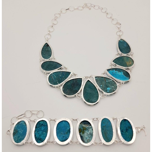 185 - A statement, sterling silver, natural turquoise necklace and bracelet set. Necklace length: 50 cm (m... 