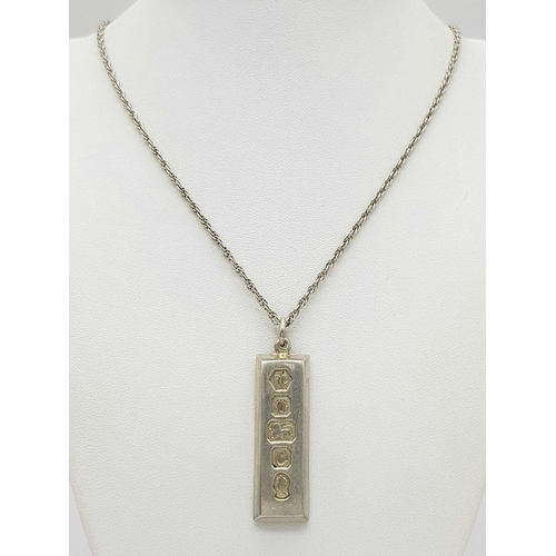 241 - A 925 sterling silver 1977 Sheffield ingot pendant, 15x40mm, with a 925 silver necklace, length 29cm... 