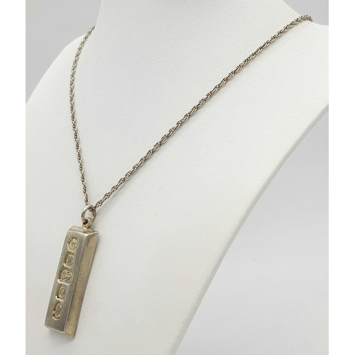 241 - A 925 sterling silver 1977 Sheffield ingot pendant, 15x40mm, with a 925 silver necklace, length 29cm... 