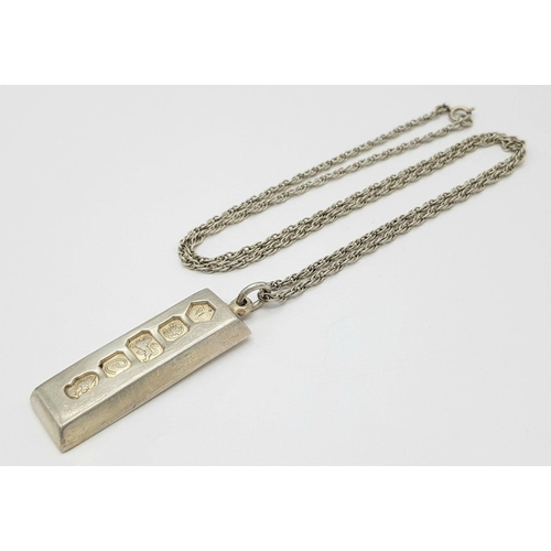 241 - A 925 sterling silver 1977 Sheffield ingot pendant, 15x40mm, with a 925 silver necklace, length 29cm... 