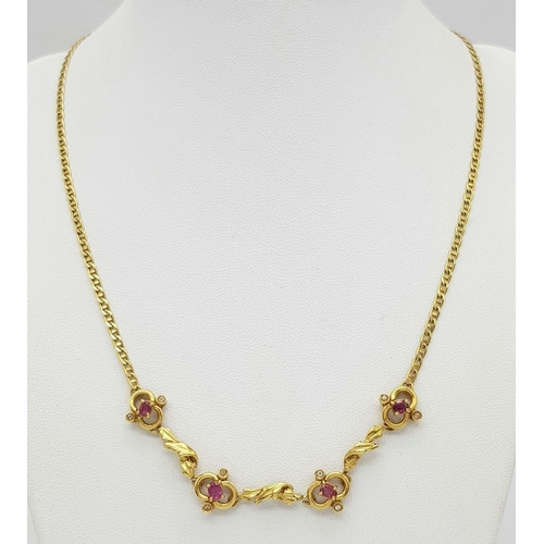 246 - A Vintage Italian 18K Yellow Gold Lavaliere Ruby Necklace. 44cm length. 12.75g total weight.