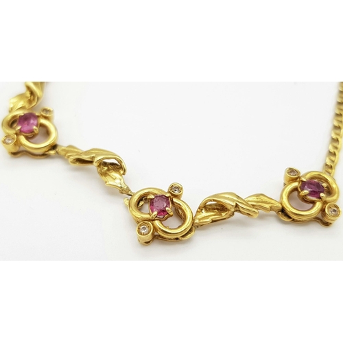 246 - A Vintage Italian 18K Yellow Gold Lavaliere Ruby Necklace. 44cm length. 12.75g total weight.