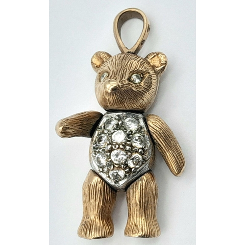 253 - A Very Cute 9K Yellow Gold Teddy Bear Pendant. Stone set body. 3.5cm. 13.2g total weight.