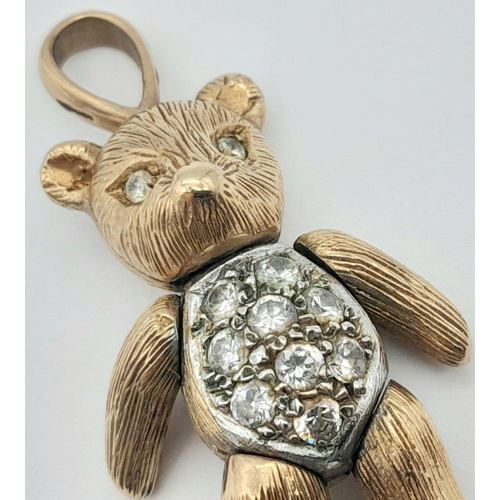 253 - A Very Cute 9K Yellow Gold Teddy Bear Pendant. Stone set body. 3.5cm. 13.2g total weight.