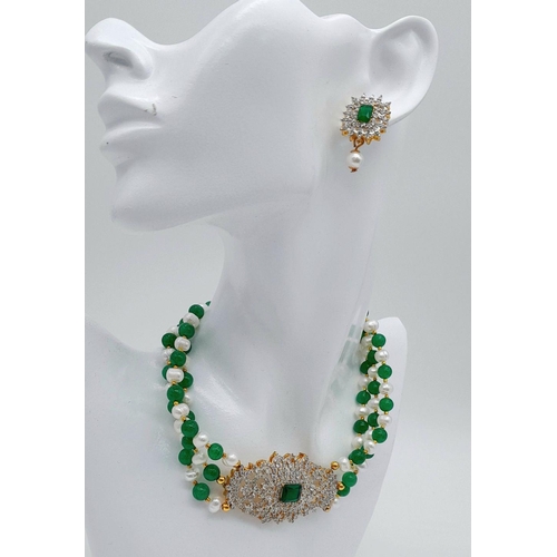 255 - A very classy choker necklace with alternating natural white pearls and green jade and a very glamor... 