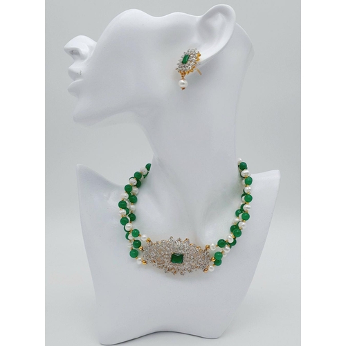 255 - A very classy choker necklace with alternating natural white pearls and green jade and a very glamor... 