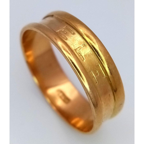 353 - An 18K Yellow Gold Band Ring. Size U. 6mm width. 4.25g weight.