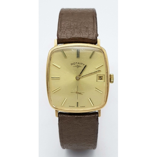 358 - A Vintage 9K Gold Rotary Gents Watch. Brown leather strap. 9K gold case - 28mm width. Gilded dial wi... 