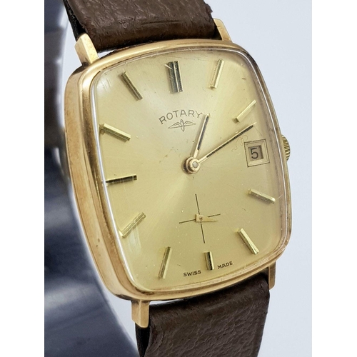 358 - A Vintage 9K Gold Rotary Gents Watch. Brown leather strap. 9K gold case - 28mm width. Gilded dial wi... 