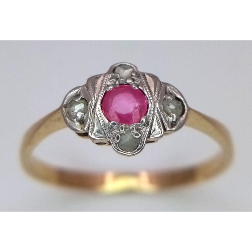 393 - An Antique 9K Yellow Gold, Platinum, Ruby and Diamond Ring. Size P. 1.65g total weight.