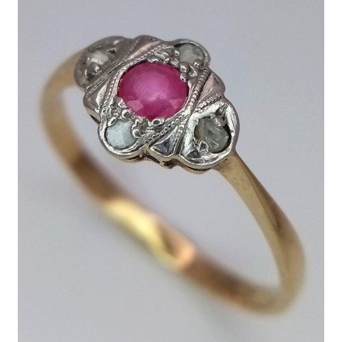 393 - An Antique 9K Yellow Gold, Platinum, Ruby and Diamond Ring. Size P. 1.65g total weight.