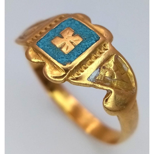 428 - A Vintage 18K Gold and Decorative Enamel Signet Ring. Size N. 3.1g weight.