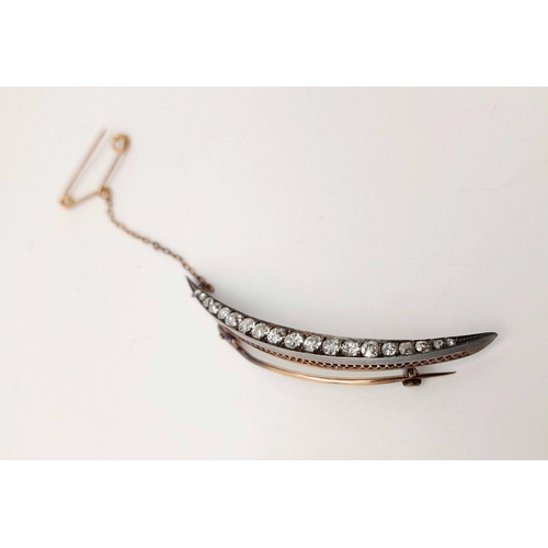 43 - A Fascinating, Antique Gold, Silver and Diamond Bar Brooch. 9k rose gold underside of a crescent sha... 