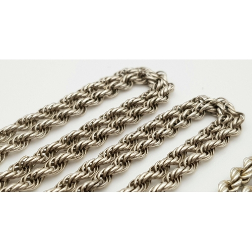 443 - Two Solid Silver 925 Rope Chain Necklaces, 62cm and 112cm. Total weight: 37.1 grams. Both in very go... 