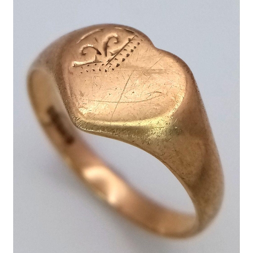 456 - A Vintage 9K Yellow Gold Heart Signet Ring. Size L. 1.7g weight.