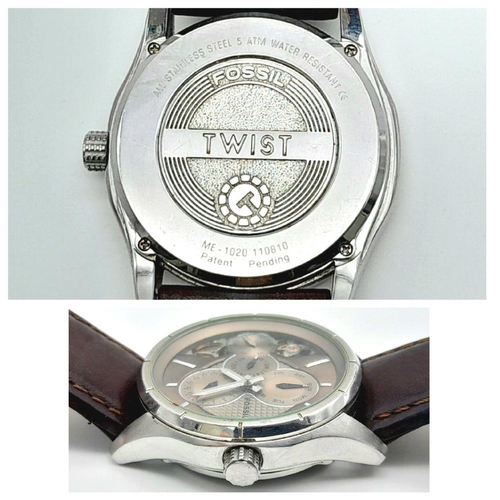 475 - A Fossil Twist Automatic Gents Watch. Brown leather strap. Stainless steel case - 44mm. Metallic dia... 